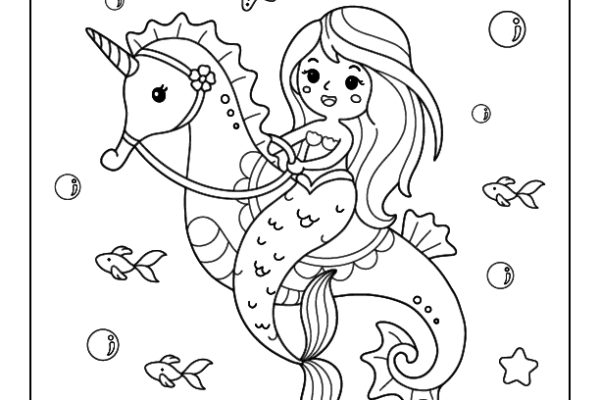 Mermaid Riding a Seahorse Coloring Page