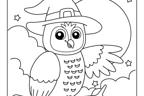 Owl Witch Hat Halloween Coloring Page