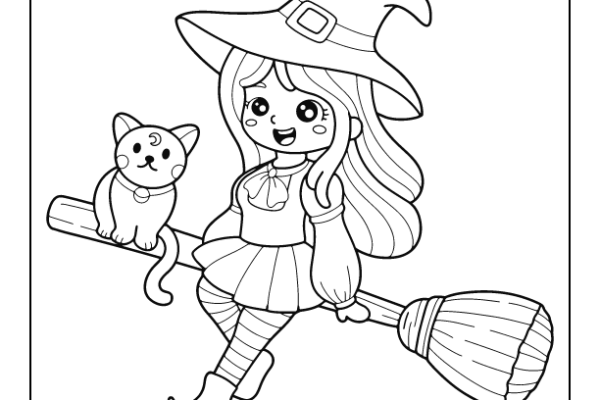 Witch Cat Halloween Coloring Page